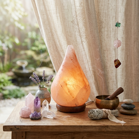 Lampada di sale rosa dell'Himalaya con base in legno accesa