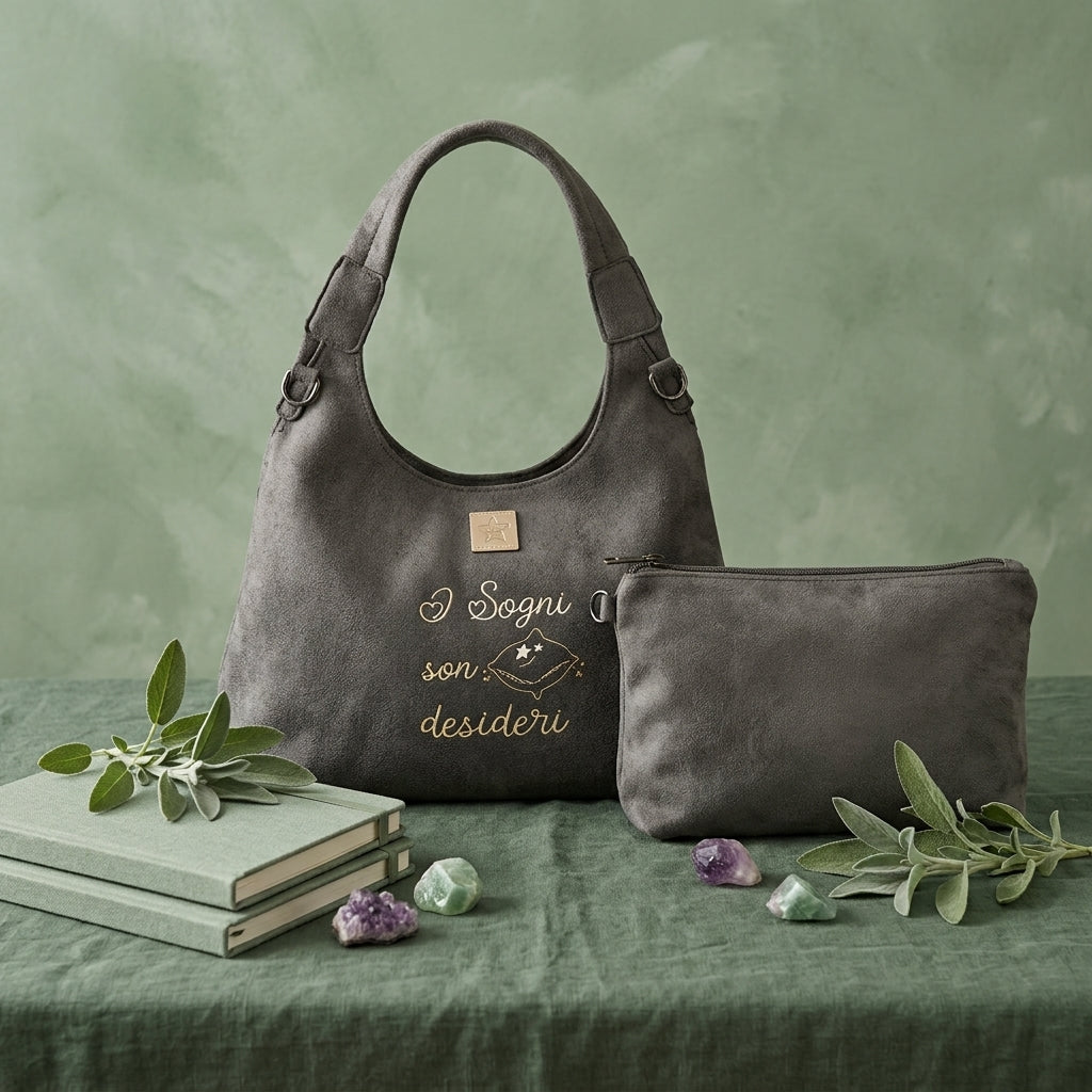 Borsa hobo in ecopelle effetto scamosciato grigia da 31x30cm con ricamo artigianale "I sogni son desideri" e dettaglio cuscino con stelle