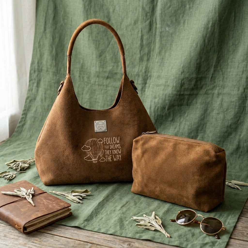 Borsa Hobo Scamosciata Ricamata "Follow Your Dreams" con Pochette