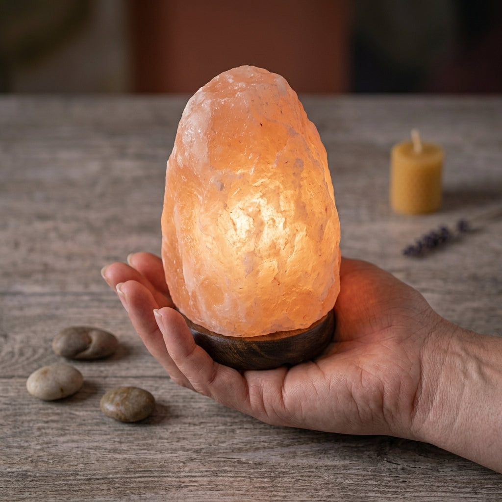 Lampada di sale rosa dell'Himalaya forma classica con attacco USB e cavo, base in legno, h11cm