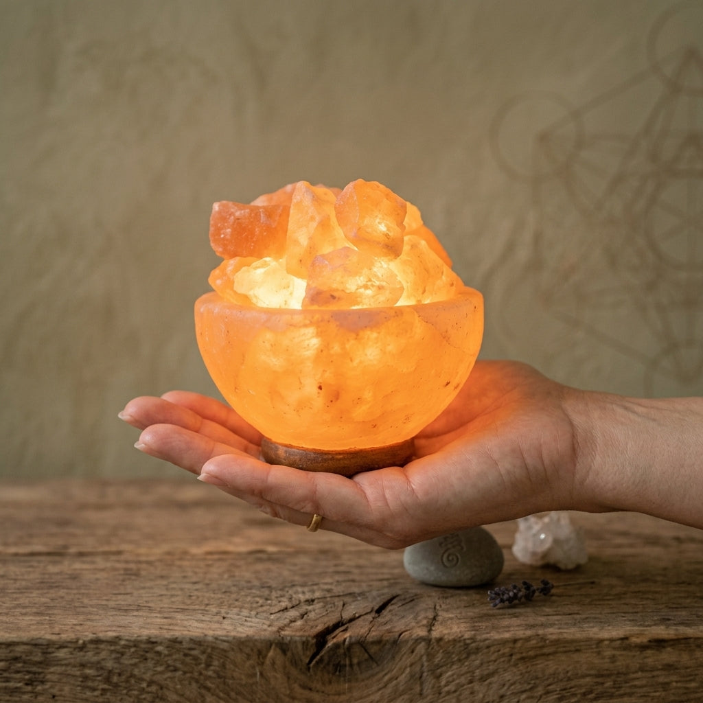 Braciere di sale rosa dell'Himalaya a forma di ciotola con cristalli grezzi illuminati, h7x10cm