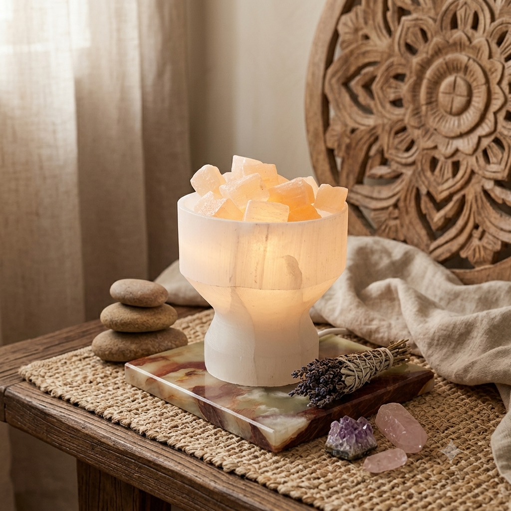 Lampada in selenite naturale a coppa con alimentazione USB