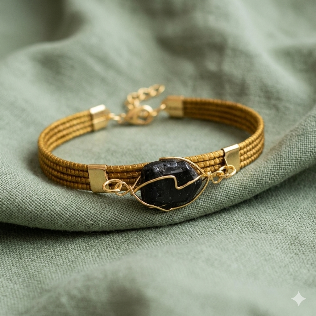 Bracciale in Capim Dourado con Cristallo Naturale – Citrino o Tormalina Nera
