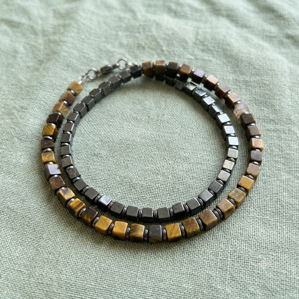Bracciale uomo doppio giro ematite occhio di tigre dettaglio
