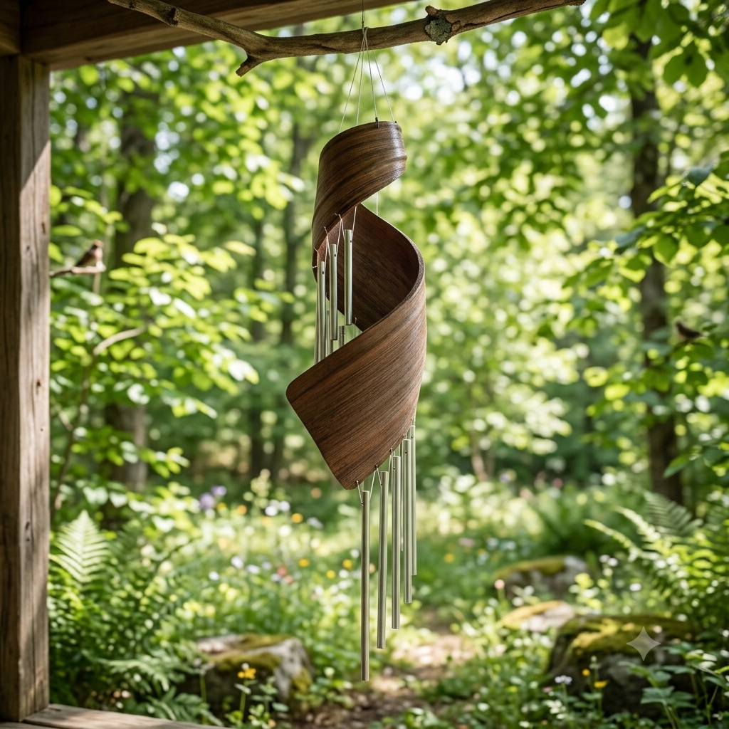 Campana a vento leaf in legno con tubi metallici appesa in giardino