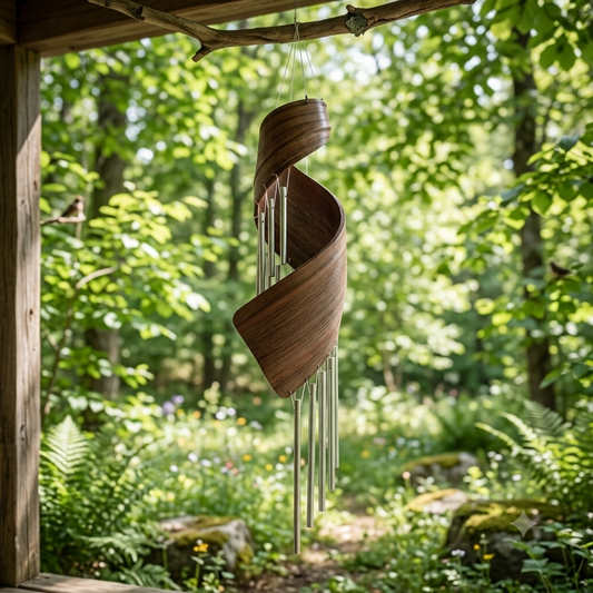 Campana a vento leaf in legno con tubi metallici appesa in giardino