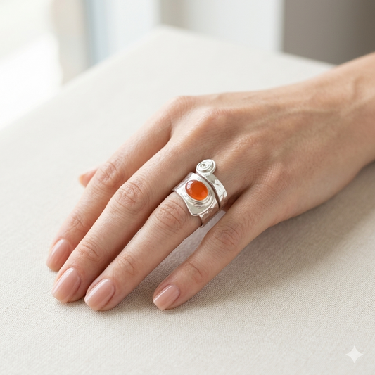 Anello in Argento con Corniola – Fascia Larga Martellata Regolabile