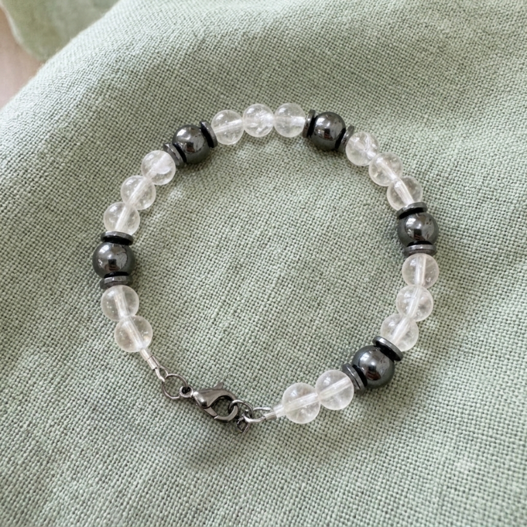 Bracciale ematite 8mm e quarzo ialino 6mm 