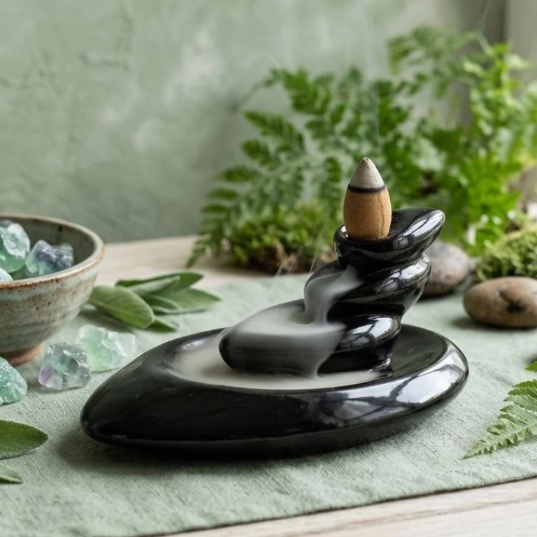 Porta incenso a reflusso in ceramica nera lucida a forma di sassi impilati, con cono acceso e fumo che scende, accanto a fluorite grezza, salvia e felce su tessuto verde salvia