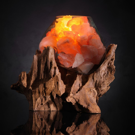 Lampada di Sale Himalayano con Base in Legno di Radice