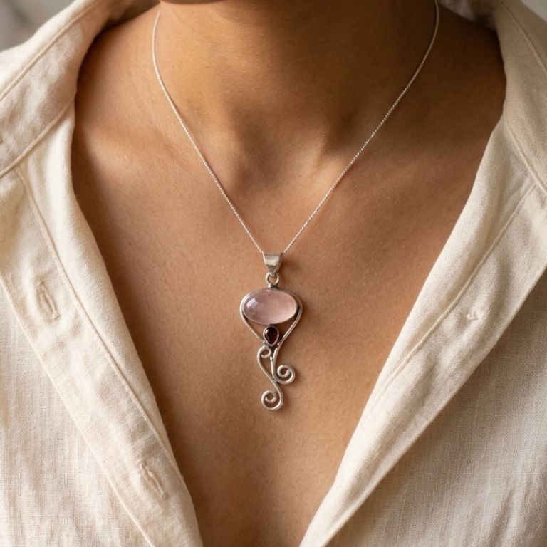 Ciondolo Quarzo Rosa e Granato in Argento 925