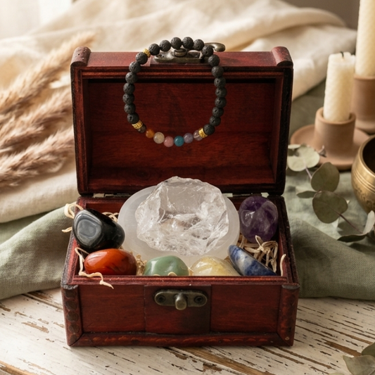 Cofanetto 7 Chakra - 7 Cristalli Naturali + Bracciale Chakra Pietra Lavica