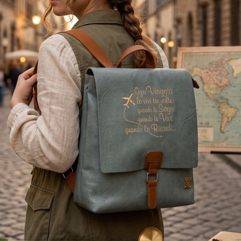 Zaino in Ecopelle Ricamato "Ogni Viaggio lo Vivi Tre Volte"