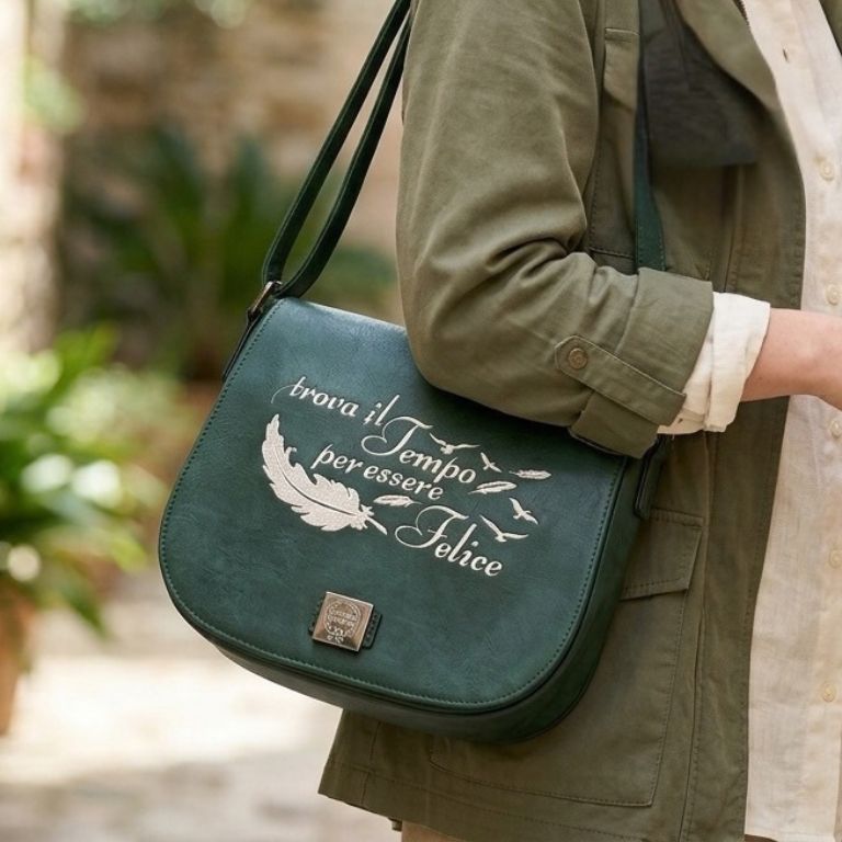 Borsa in Ecopelle Ricamata "Trova il Tempo per Essere Felice"