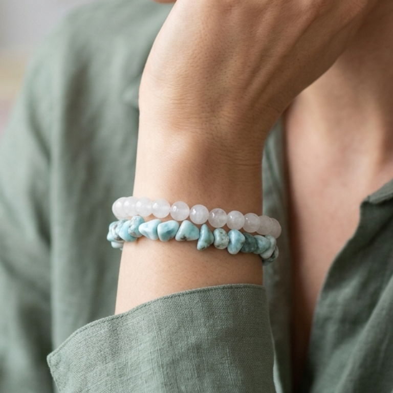 Bracciale larimar pietra di luna indossato effetto doppio giro
