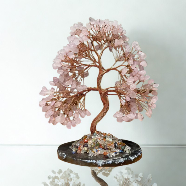 Albero della vita in quarzo rosa grande su base decorata